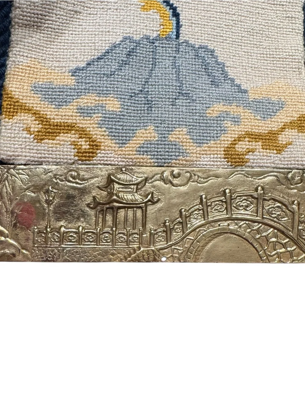 Vintage Asian Chinese Needlepoint Hanging Dragon Wall Art 60”x 7” Tapestry Brass